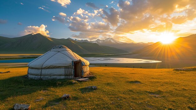 Photo nomadic tents known as yurt at the song kol lake kyrgyzstan