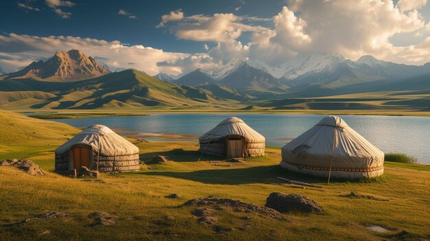 Nomadic tents known as Yurt at the Song Kol Lake Kyrgyzstan