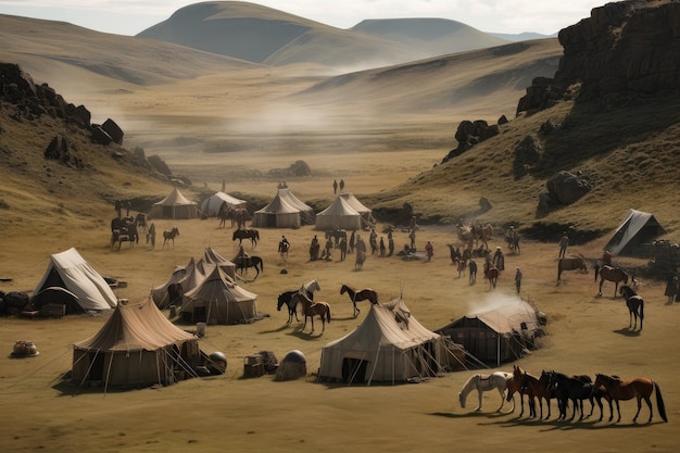 Nomadic tribe in dramatic landscape with horses and tents visible created with generative ai