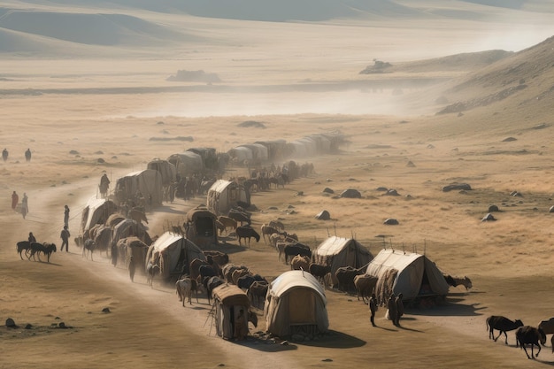 Nomadic tribe on the move their tents and belongings in tow created with generative ai