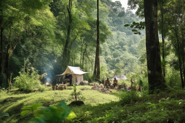 Nomadic tribe setting up camp in lush green forest created with generative ai