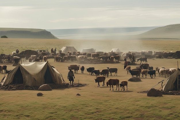 生成 AI で作成されたテントと家畜を備えたキャンプを設営する遊牧民