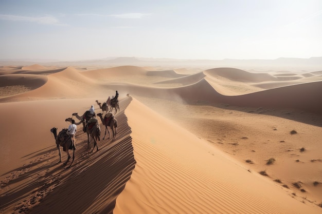 Nomadic tribe traveling across vast desert landscape created with generative ai