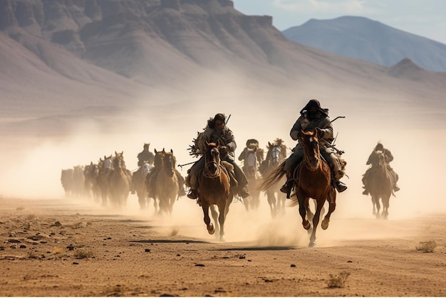 Nomadic tribe traveling on horseback in open desert holding swords