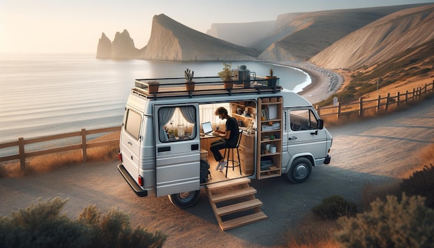 Nomadische werkruimte met uitzicht op zee in omgebouwd busje