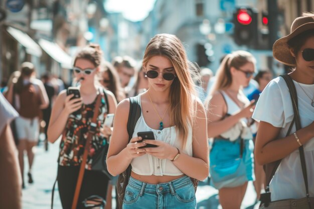 Nomophobia people walking outdoors at the city street holding their smartphone