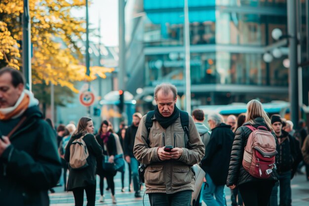 Nomophobia people walking outdoors at the city street holding their smartphone