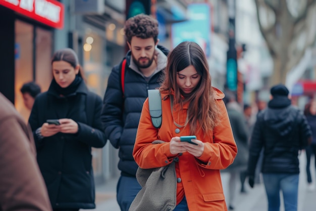 Nomophobia people walking outdoors at the city street holding their smartphone