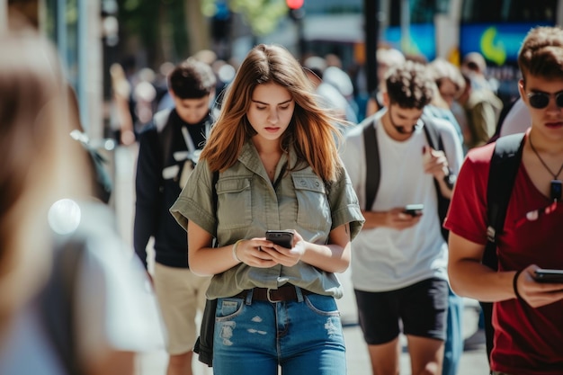 Photo nomophobia people walking outdoors at the city street holding their smartphone