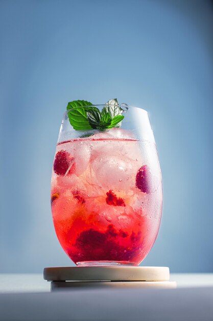 Non alcoholic cocktail with raspberry sparking mineral water ice cubes decorated mint leaves on blue background