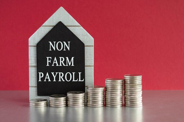 NON FARM PAYROLL 기호 검은 표지판에 적힌 NONFARM Payroll 문장 은 동전