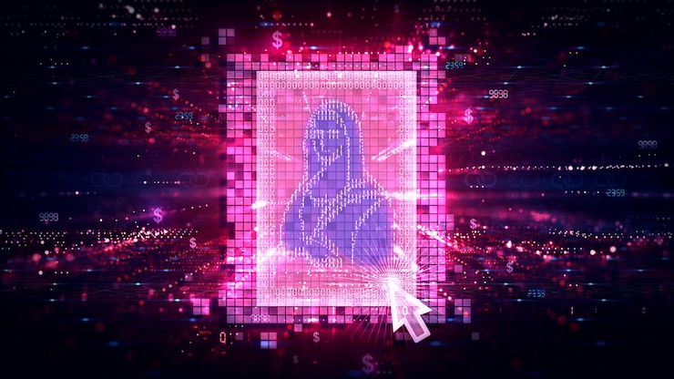 Photo non fungible token nft digital art on digital ledger conceptual illustration