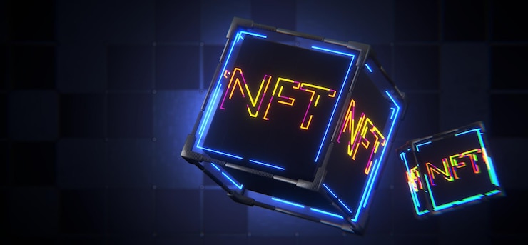 Photo non fungible token nft technology concept nft inscription on a technological abstract cube 3d render