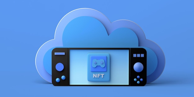 Non fungible token of video game NFT of gaming with video game console in the cloud Copy space