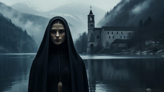 non in een gotisch klooster in de avond