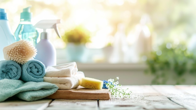 Non toxic cleaning products on wooden table against blurred modern kitchen interior background