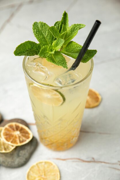 nonalcoholic cocktail lemonade With mint ice lime on a gray table