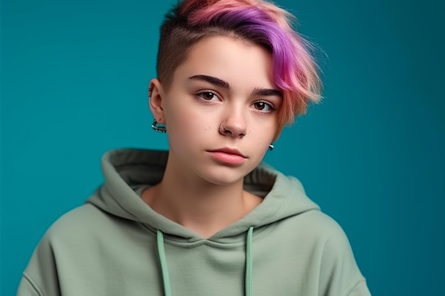 Nonbinary adult teenager younger on color background Generative ai