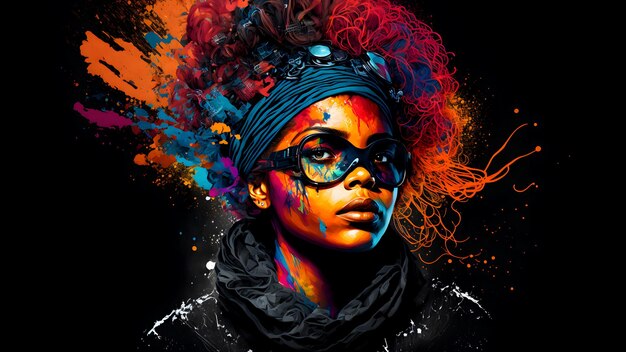混合色のメガネの肖像画を持つ存在しないアフリカ系アメリカ人女性が黒い背景に飛び散るニューラルネットワーク生成アート