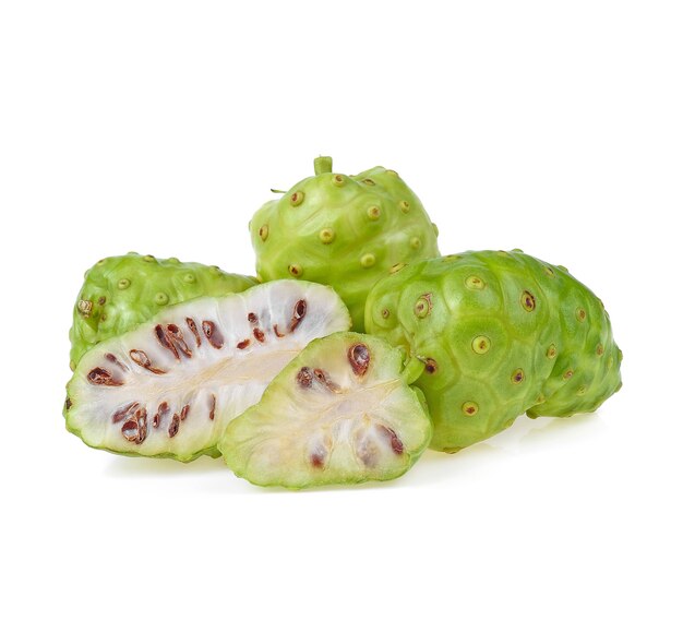 Noni or Morinda Citrifolia and slice isolated on white background.