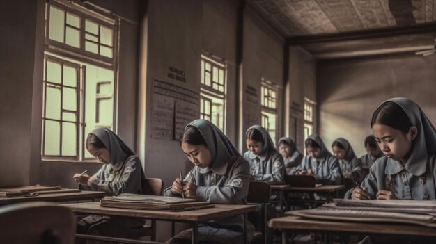 Foto nonnen studeren in de klas.