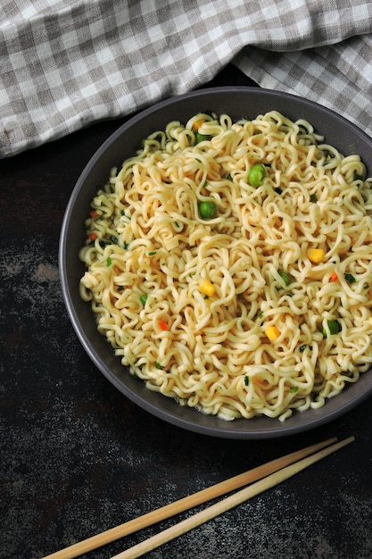 Noodle Bowl. Chinese noodles. Top view