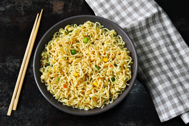 Noodle Bowl. Chinese noodles. Top view