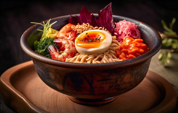 noodle bowl with an egg and prawns beside it