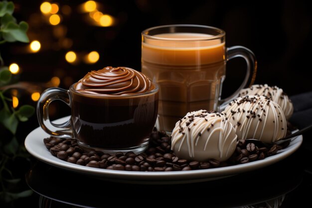 Photo noodle chocolate ball and cup of coffee with white background ingredients generative ia