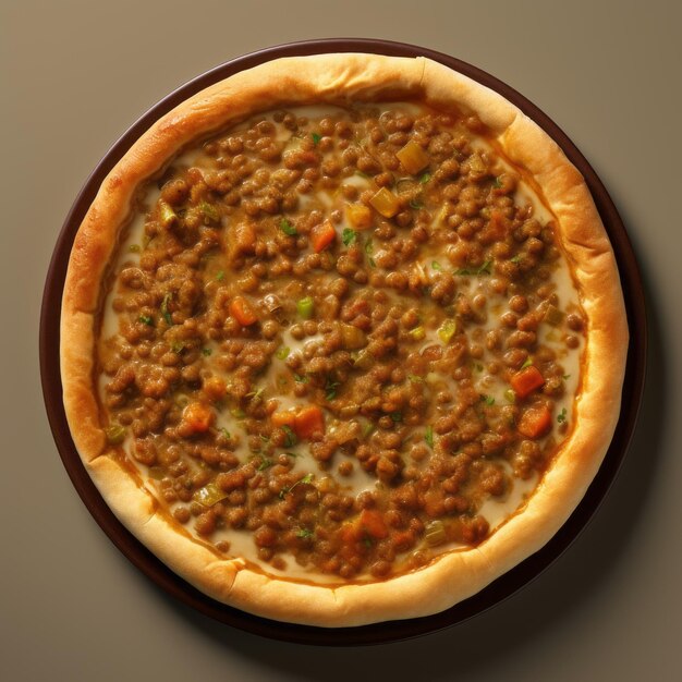 Photo noodle and meat pizza dish on brown background 3d illustration