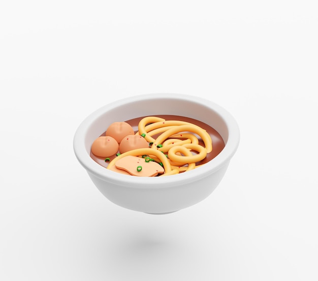 Noodle of ramen Aziatisch eten cartoon pictogram teken of symbool logo op witte achtergrond 3D illustratie