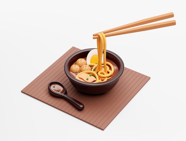 Noodle of ramen aziatisch eten cartoon pictogram teken of symbool restaurant logo op witte achtergrond 3d illustratie