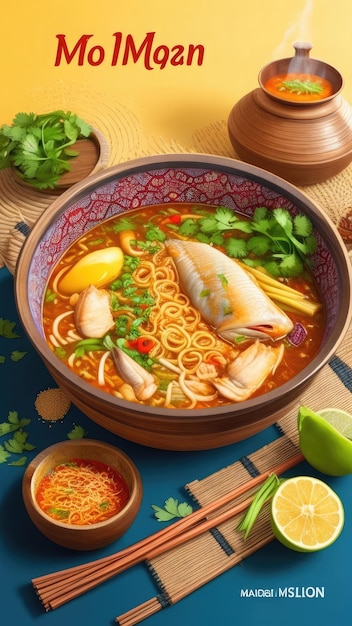 Noodle soup in bowl with chopsticks and chopsticks on yellow background