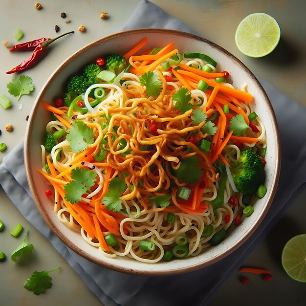 Foto frittura di tagliatelle e verdure