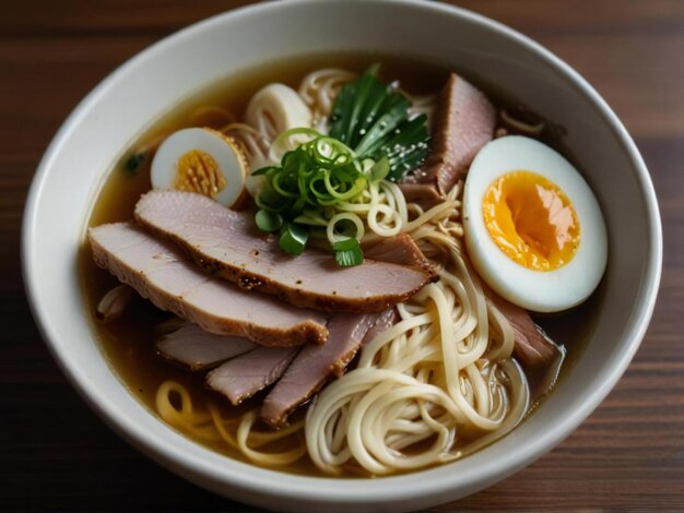 The noodles are thick and chewy and the broth is a deep brown color