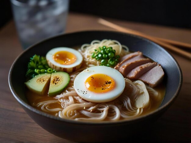 The noodles are thick and chewy and the broth is a deep brown color