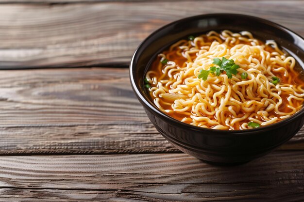 Noodles in bowl on table with copy space