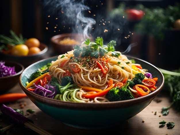 noodles from asia with vegetables and herbs
