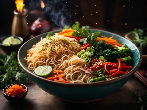 noodles from asia with vegetables and herbs