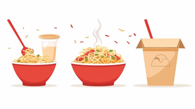 Noodles ready to eat in a red bowl paper box and plastic cup with steam Cartoon modern illustration of traditional Asian food for lunch in a dish and takeaway package