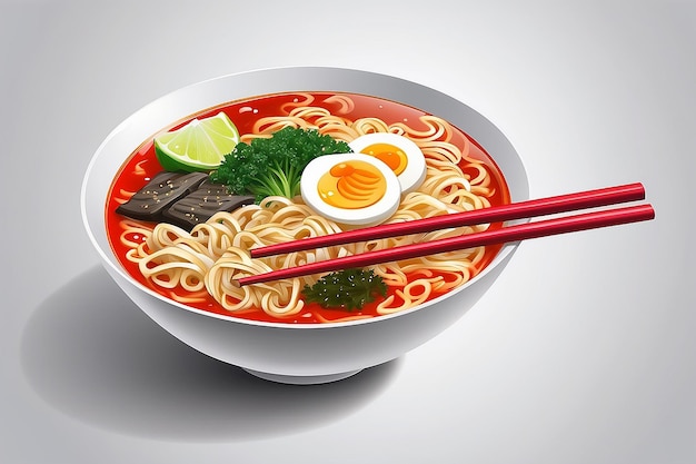 Photo noodles restaurant with white bowl vector ramen japanese noodle soups with shiny backgroundred bowl of noodles soup with chopstick