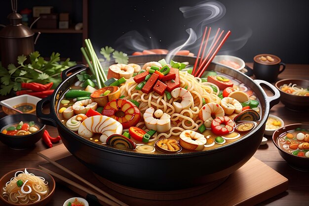 noodles spicy boil with seafood shrimp vegetable food and pork in hot pot