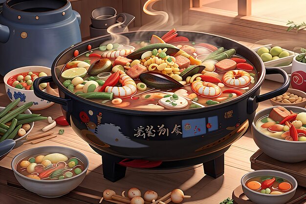 魚介類のエビの野菜料理と豚肉を鍋でスパイシーに煮た麺