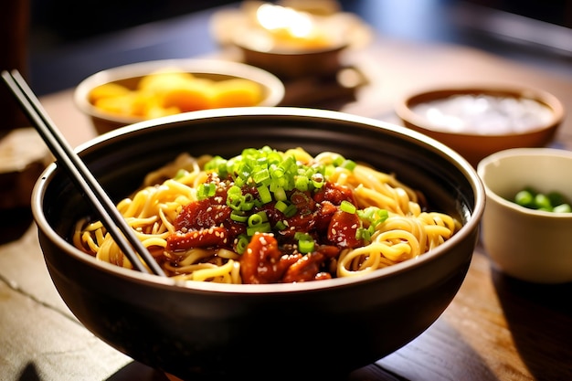 Noodles with beef and vegetables in Black bowl