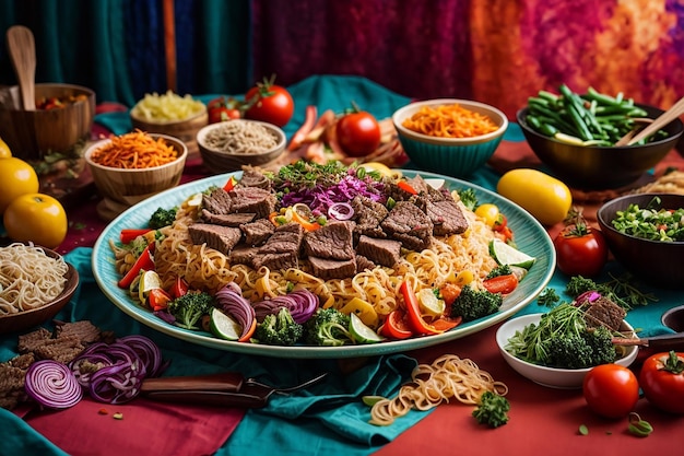 лапша с говядиной и овощами на красочном и черном столе Фотографии китайской еды