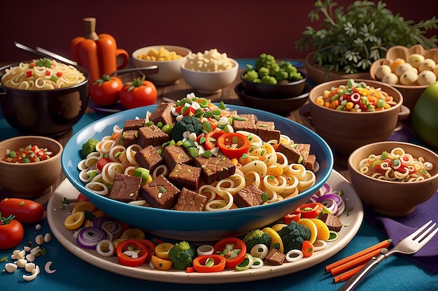 Noodles with beef and vegetables on colorful and black table chinese food photos