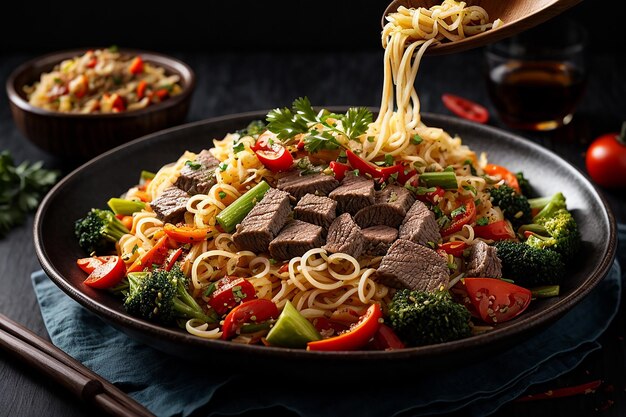 noodles with beef and vegetables on colorful and black table Chinese Food Photos