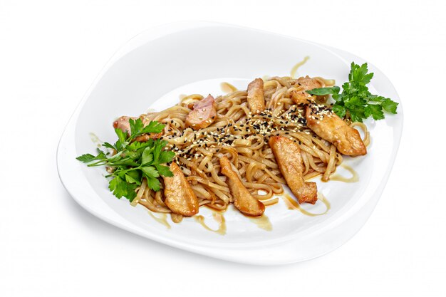 Noodles with chicken isolated