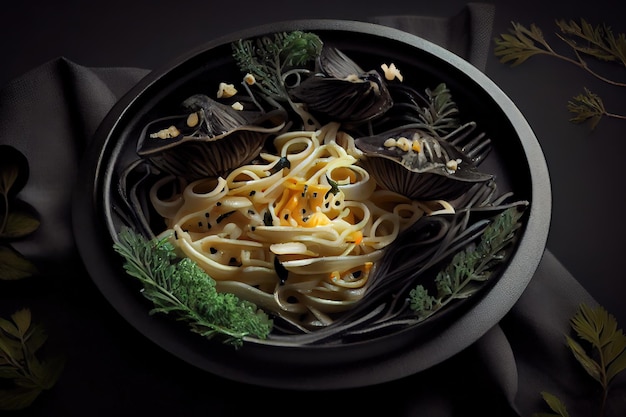 Noodles with eringi mushrooms in a black plate Generative Ai