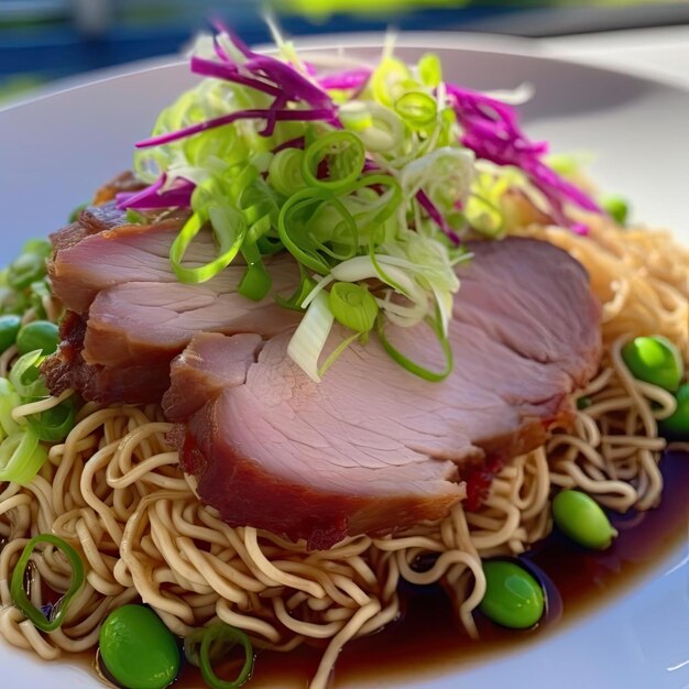 Noodles with meat soy saucem and vegetables on white plate